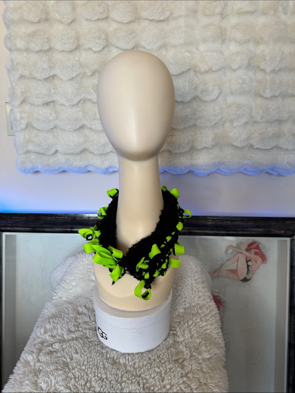 Black and Neon Green Ribbon Accent Scarf - or ear warmer Women Accessorie